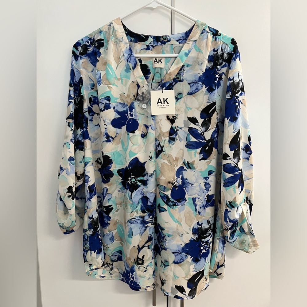 Anne Klein Blue Graphic 3/4 Sleeve Blouse Sz PXL